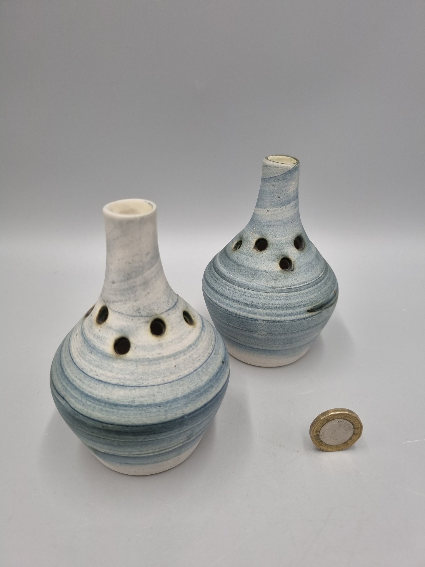 A Pair Of Carn Studio Pottery Small Pierced / Holed Posy / Bud Vase, John Beusmans, Plain.